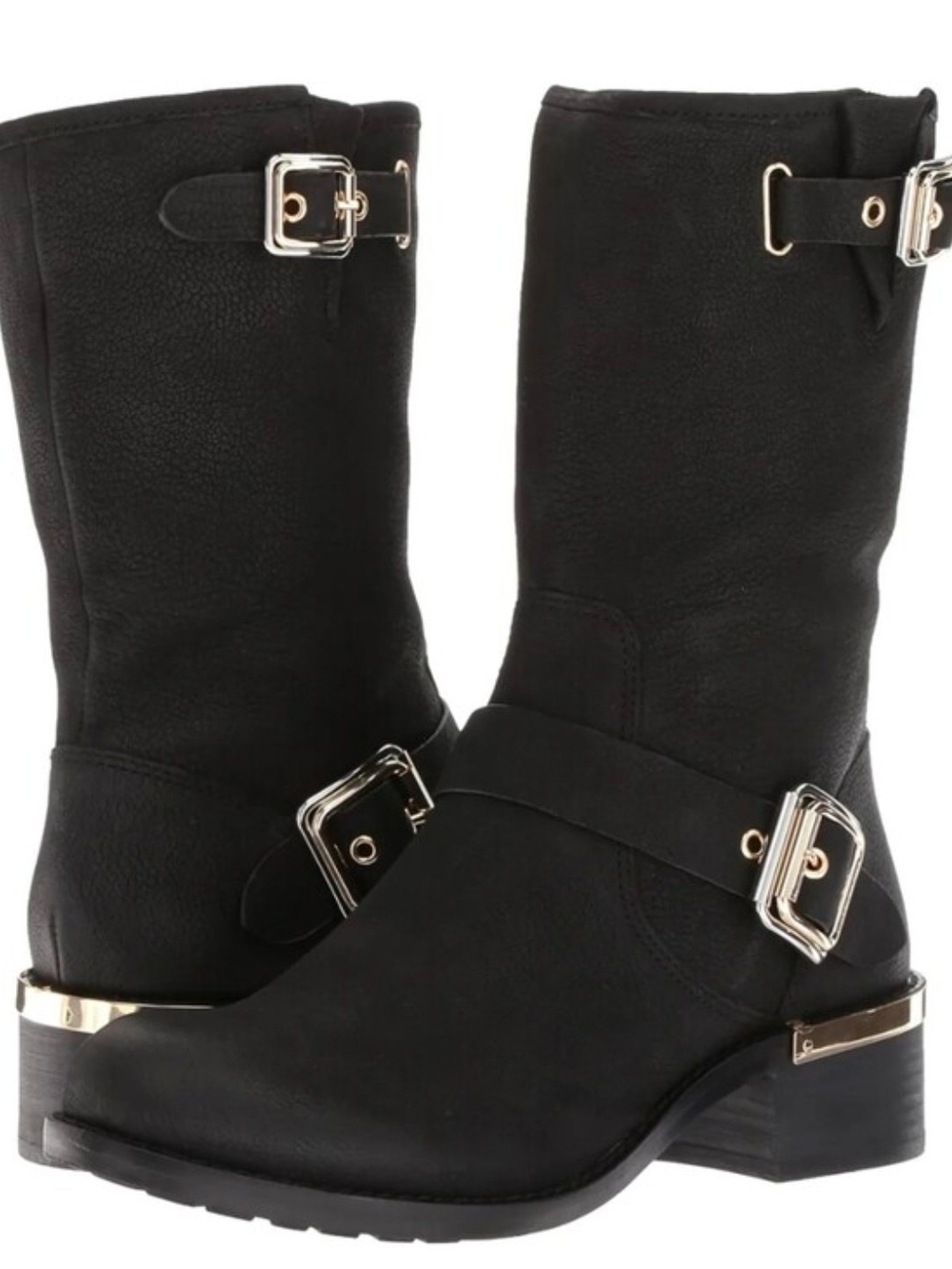 Vince Camuto Black Mid-Calf Buckle Moto Boots